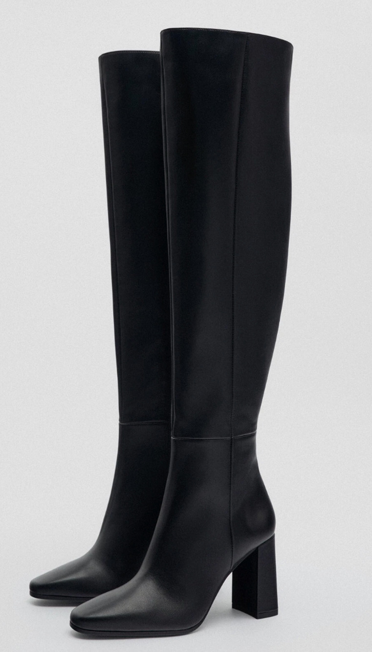 NEW ZARA BLACK LEATHER OVER THE KNEE BLOCK HEEL BOOTS SZ 36 37